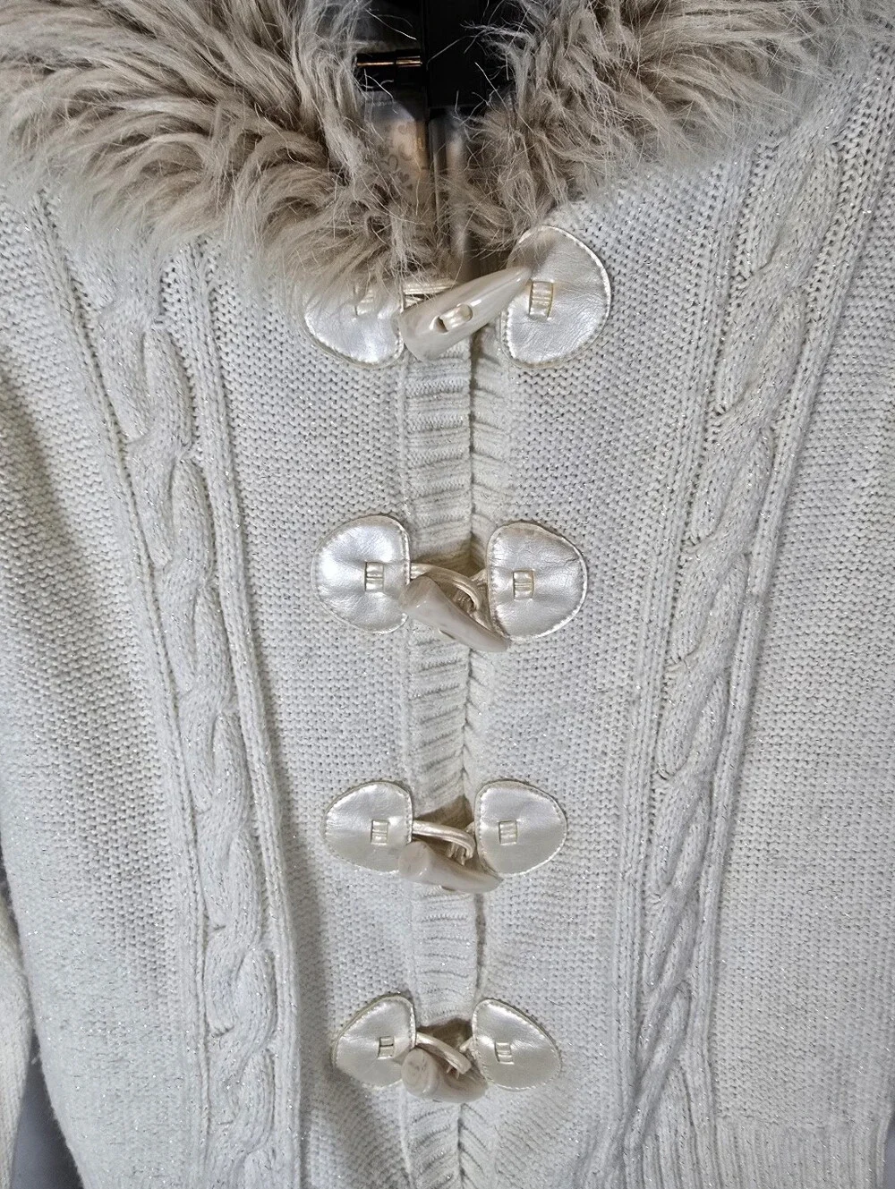 Justice Cream Cable Knit Cardigan with Faux-Fur Collar
